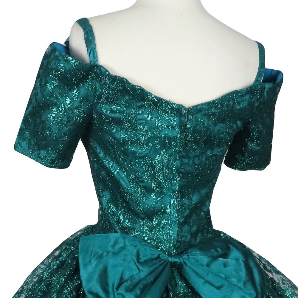 Vintage 80s Gunne Sax Green Metallic Lurex Floral Lace Full Skirt Prom Dress S - Picture 11 of 12